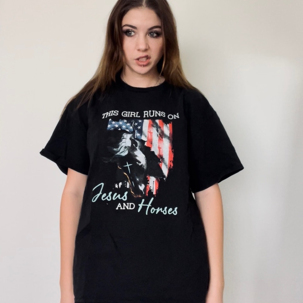 “this girl runs on horses and jesus” strange graphic tee